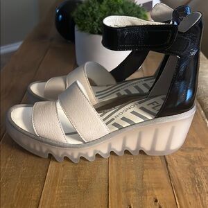 Fly London Cream and Black Wedges with Chunky Platform
